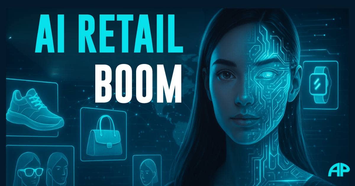 Virtual influencer half-human half-digital in neon turquoise glow, surrounded by holographic shopping products and global network, symbolizing Live Shopping and AI.