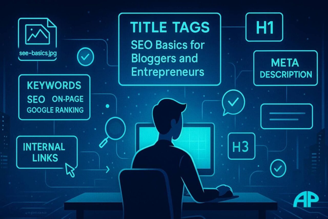 Person at a digital desk surrounded by glowing neon-blue panels labeled with on-page SEO elements like title tags, keywords, meta descriptions, internal links, and headings, set against a futuristic dark-blue background.
