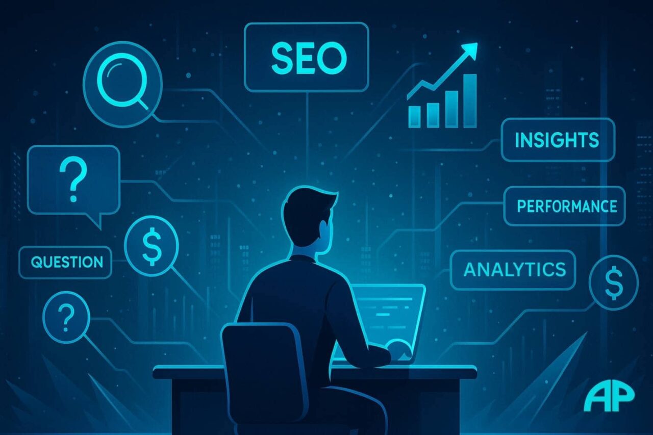 Person seated at a futuristic desk, facing a glowing screen, surrounded by holographic keywords like SEO, Insights, Trends, and Performance in neon blue against a dark digital cityscape.