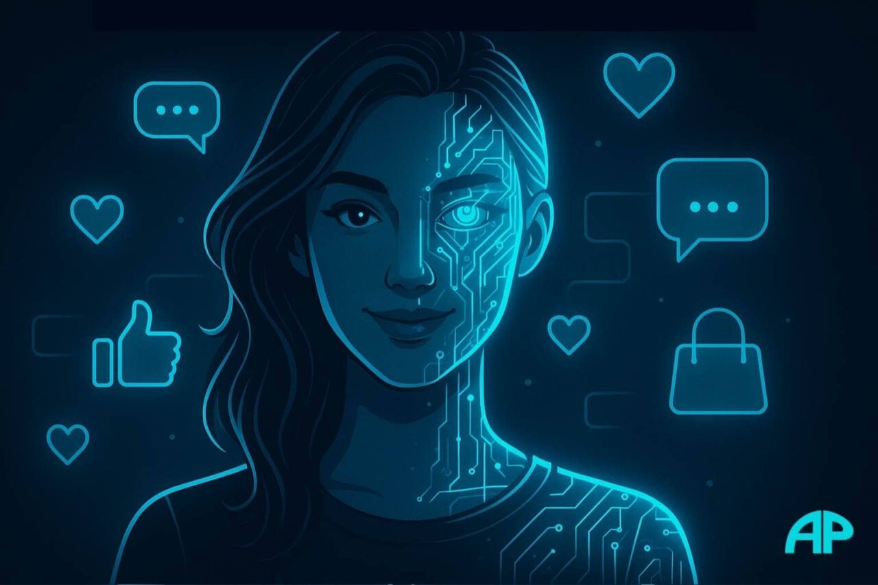 Virtual influencer with half-human, half-digital face glowing in turquoise circuitry, surrounded by floating neon social media icons on dark blue background, representing the rise of digital stars driven by AI.