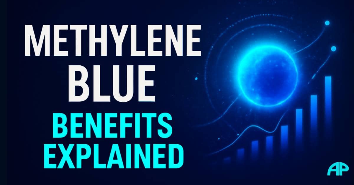Methylene Blue Benefits and Risks, showcasing a glowing blue orb with a data graph, symbolizing the compound's health effects.
