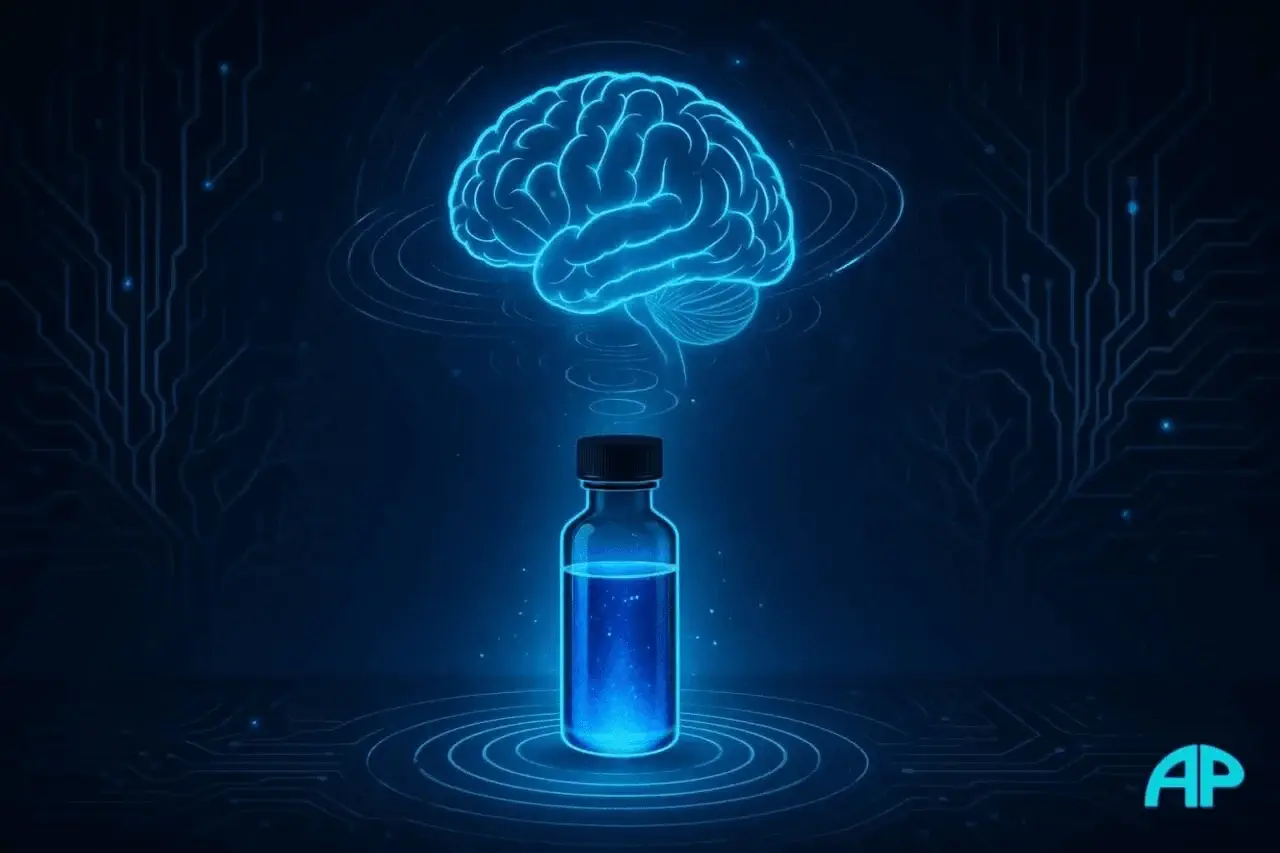 A glowing blue brain hovers above a luminous vial of methylene blue, radiating energy and vitality in a digital futuristic style.