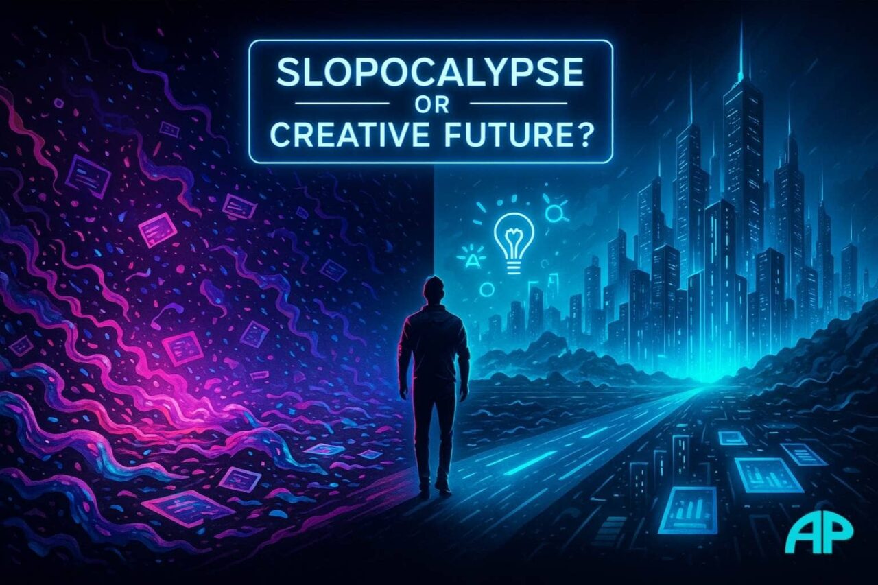 Split digital landscape with a human figure standing at a crossroads. Left side shows an apocalyptic digital wasteland labeled “Slopocalypse,” filled with neon glitchy debris and chaotic neon slop. Right side depicts a bright, futuristic digital city glowing in neon turquoise and electric blue under a deep navy sky.