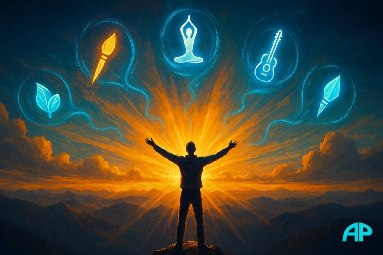 Person standing on a mountain peak at sunrise with arms outstretched, surrounded by glowing icons of a paintbrush, yoga pose, guitar, pen, and leaf, symbolizing diverse passions and the path to fulfillment.