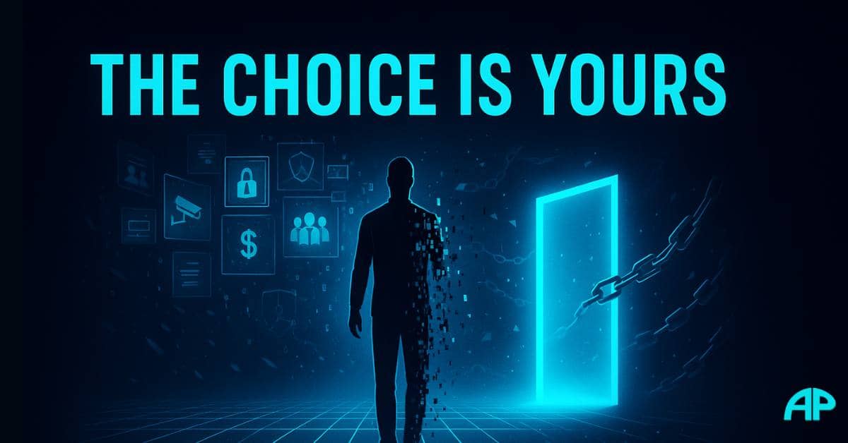 Silhouette stands on a digital grid, dissolving into code beside a glowing portal and chains, symbolizing the Mainframe of Control.