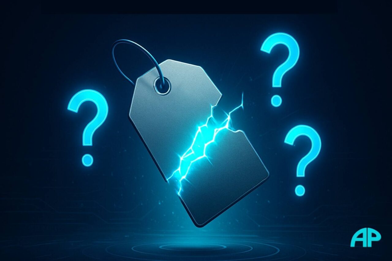 Futuristic torn silver price tag glowing with neon cyan light at its crack, surrounded by bright blue question marks on a deep navy digital background, symbolizing uncertainty about the cost to start a blog.