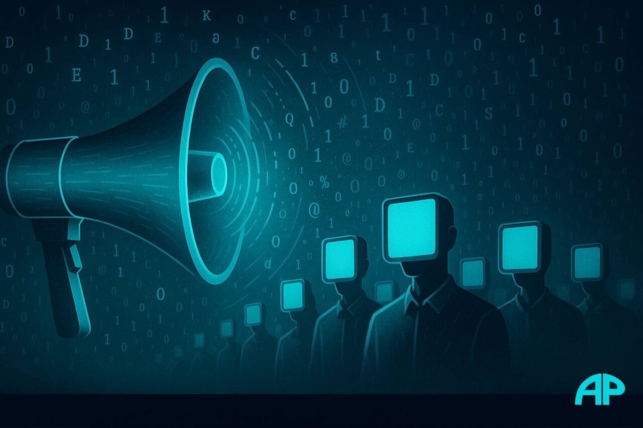 Digital artwork showing a giant glowing turquoise megaphone broadcasting binary code toward faceless figures with digital screen heads, set against a dark navy blue background with neon cyan highlights, symbolizing media influence and narrative control.