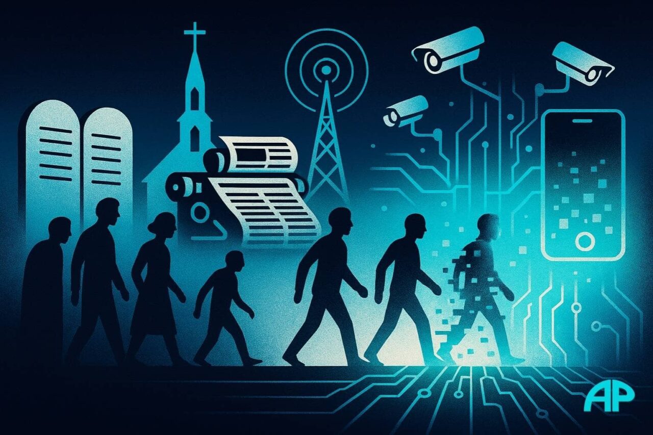 A timeline mural shows human figures marching from stone tablets and a church to a printing press, radio tower, and finally into a digital grid with surveillance cameras and a smartphone, symbolizing the evolution of control systems from ancient to modern times.