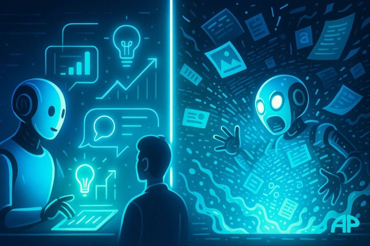 Split-screen digital artwork showing, on the left, a helpful robot assisting a human with glowing holographic data, and on the right, a chaotic robot spewing glitchy text and neon digital slop, all in electric blue and neon turquoise against a deep navy background.