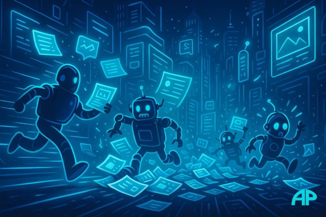 Neon digital city with robots running wildly through glowing streets, scattering sheets of AI-generated text and pixelated images, amid electric blue and turquoise lights against a deep navy background.