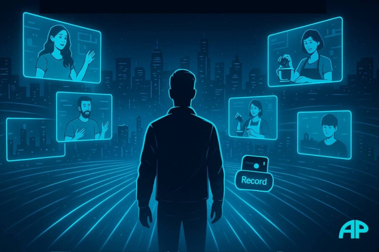 Silhouetted person stands on glowing turquoise path leading into a neon digital city skyline, surrounded by holographic screens showing influencers and business owners creating videos, symbolizing Why Start a YouTube Channel.