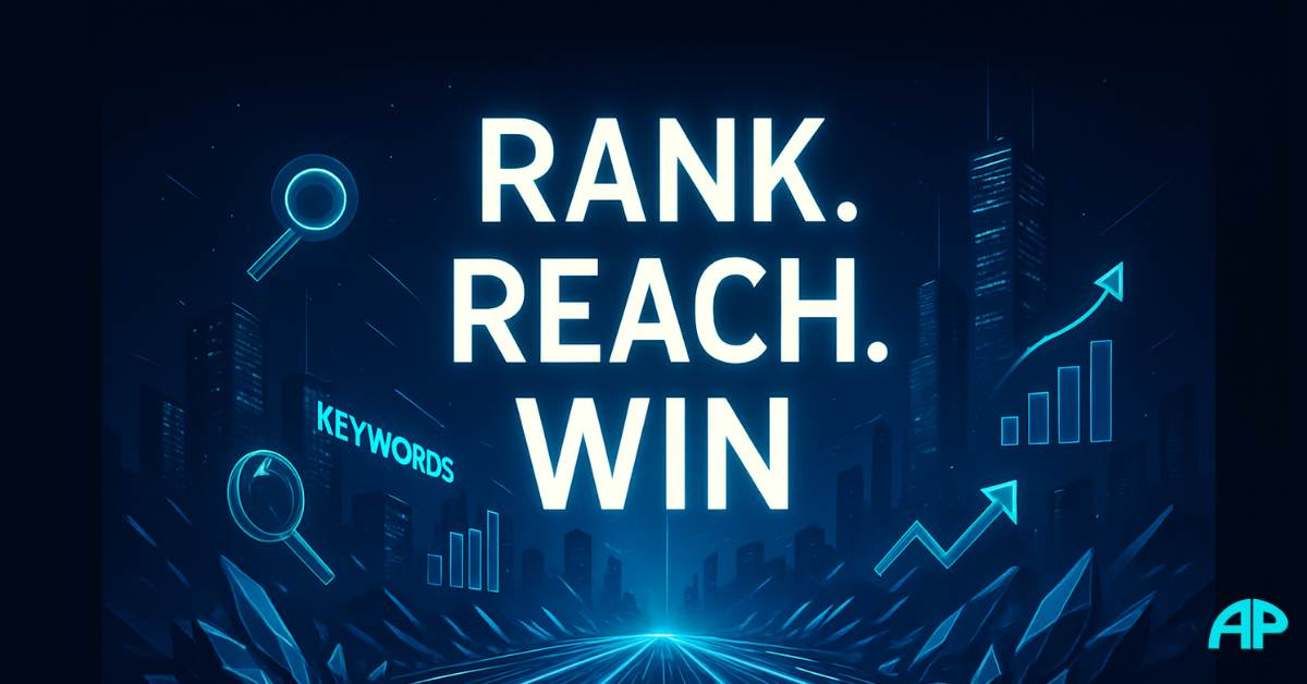 Futuristic digital highway glowing in neon blue and turquoise, with bold text “Rank. Reach. Win.” above holographic SEO icons, representing seo basics and digital growth.