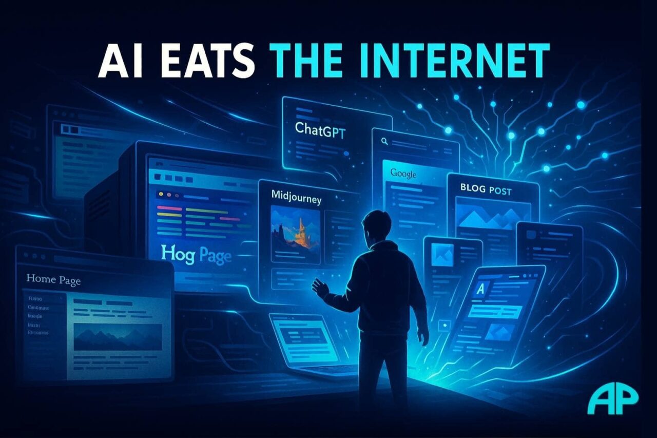 Futuristic illustration showing AI dominating the internet, with a user interacting with holographic screens for ChatGPT, Midjourney, Google, and AI-generated content against a backdrop of a glowing neural network.
