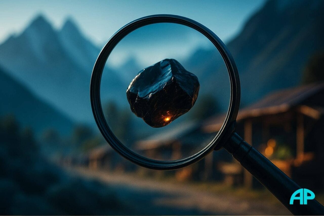 Magnifying glass focusing on a shiny black piece of Shilajit resin with faint amber glow, set against blurred mountains and a distant village market.