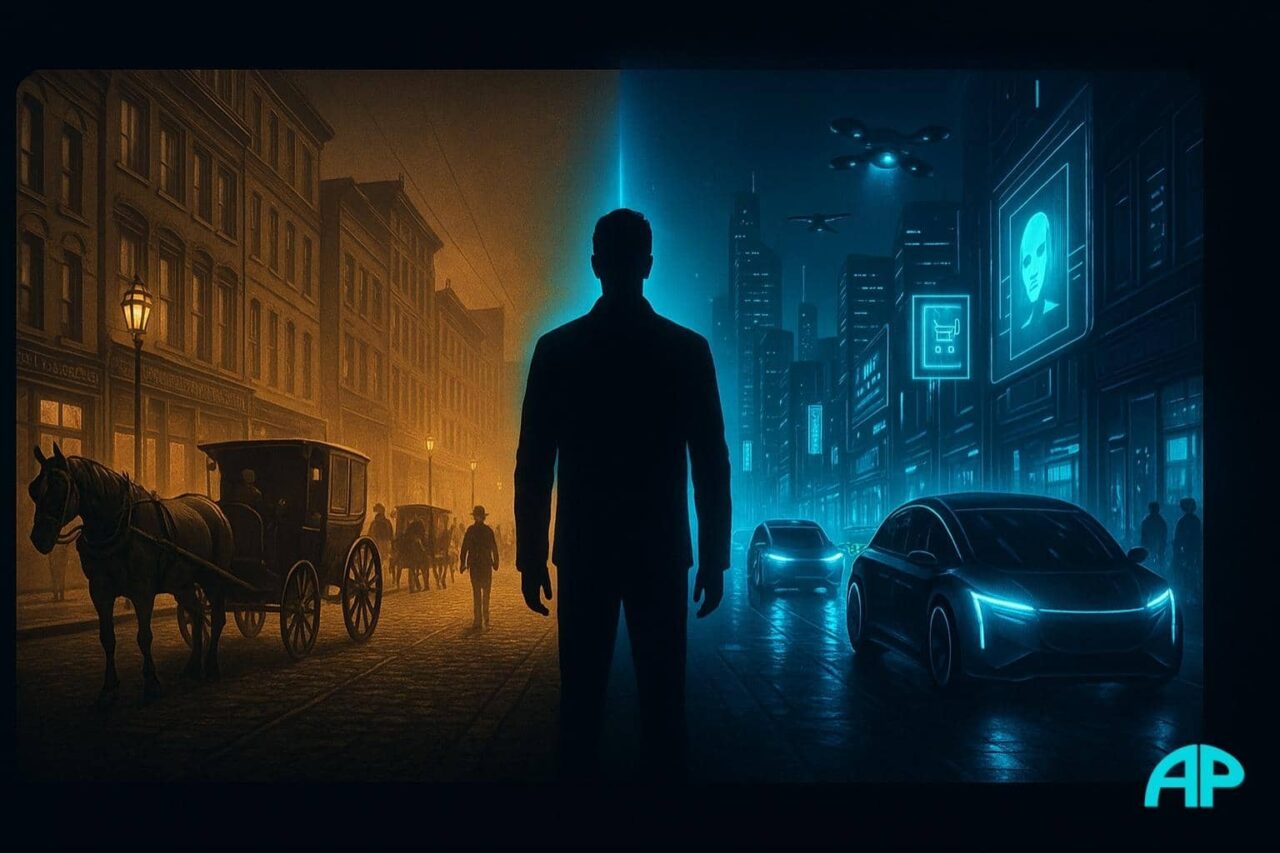 A split-scene illustration showing a 1900s street with horse-drawn carriages on one side and a futuristic city with AI technology on the other, separated by a silhouette of a person standing between the two eras.