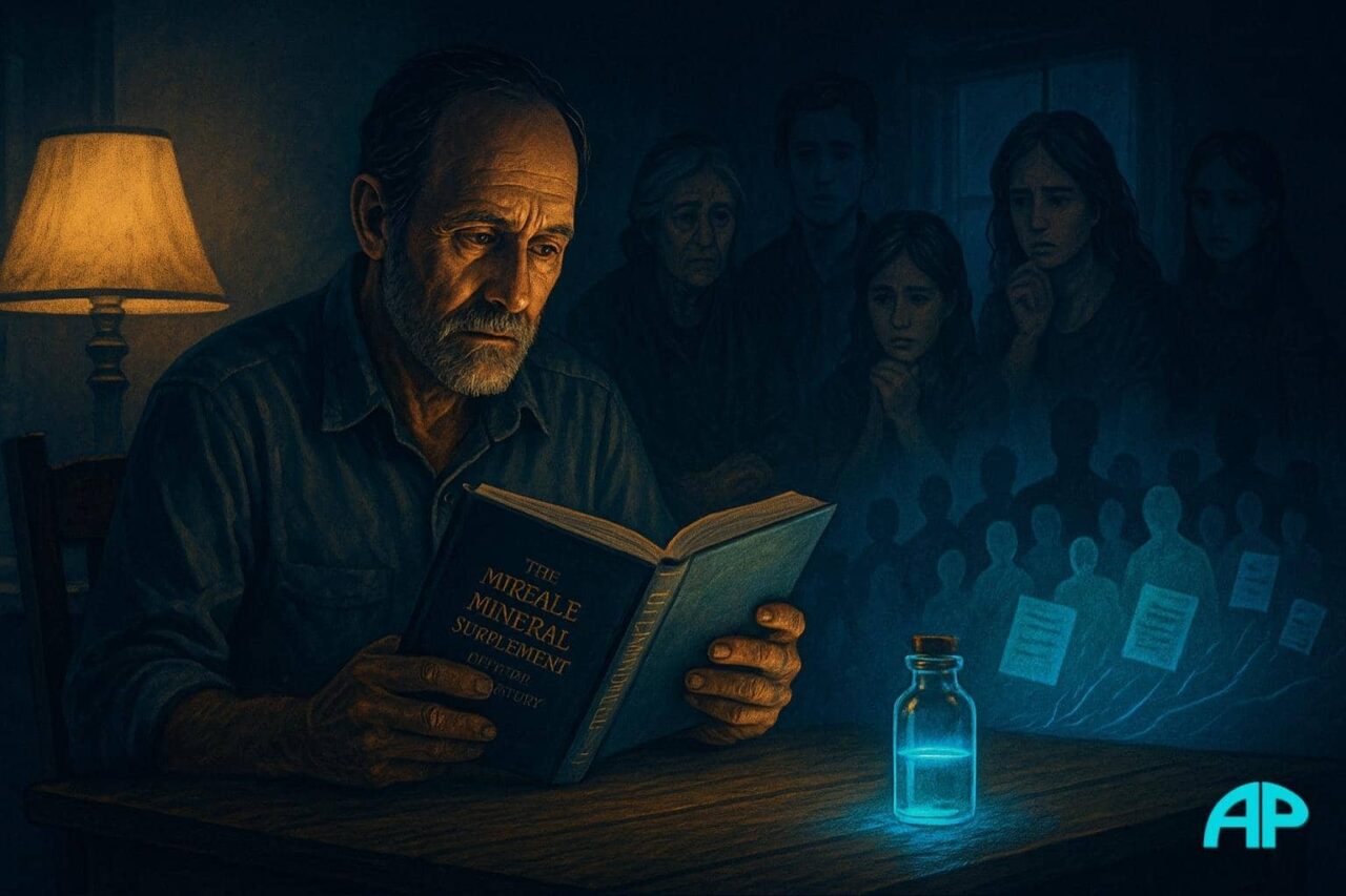 Digital illustration of a middle-aged man reading The Miracle Mineral Supplement of the 21st Century at a dimly lit table, with a glowing turquoise vial nearby and concerned family members in the background.