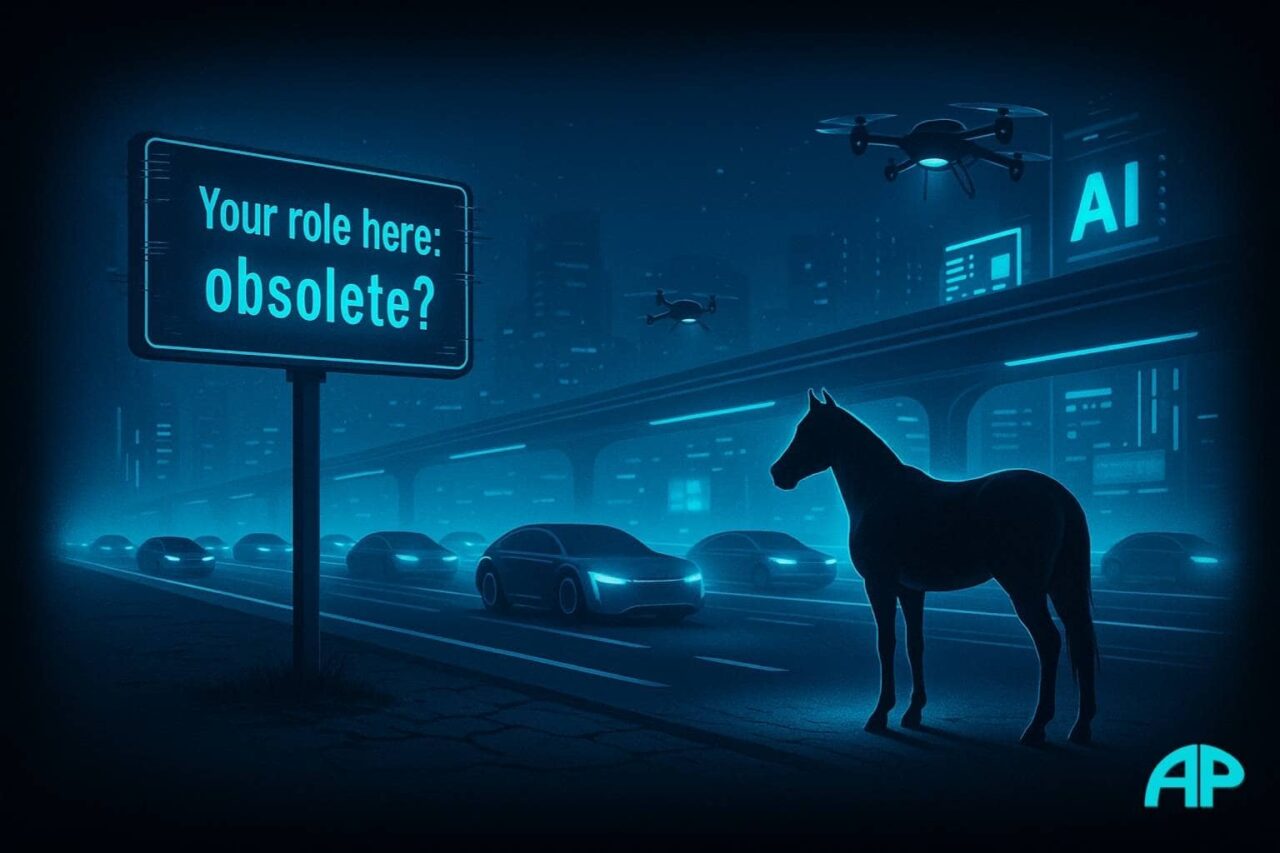 A lone horse stands on cracked pavement watching a futuristic highway filled with AI-powered vehicles and drones under glowing neon lights. A flickering sign nearby reads “Your role here: obsolete?”