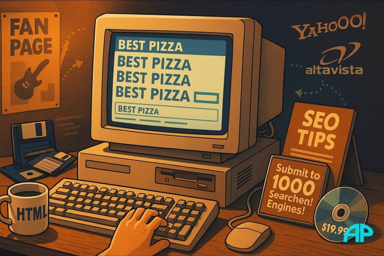 Retro 1990s SEO workspace with a beige CRT monitor displaying repeated “BEST PIZZA” keywords, a coffee mug marked “HTML,” floppy disks, an SEO tips booklet, and a $19.99 “Submit to 1000 Search Engines!” CD-ROM, with Yahoo! and AltaVista logos on the wall.