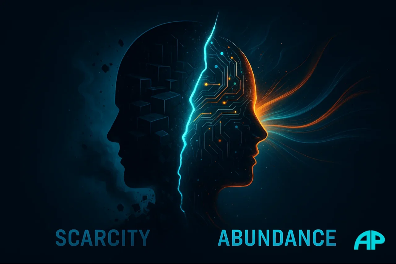 A futuristic digital artwork of a fractured human head split into scarcity and abundance mindsets, symbolizing the choice to escape the 9 to 5.