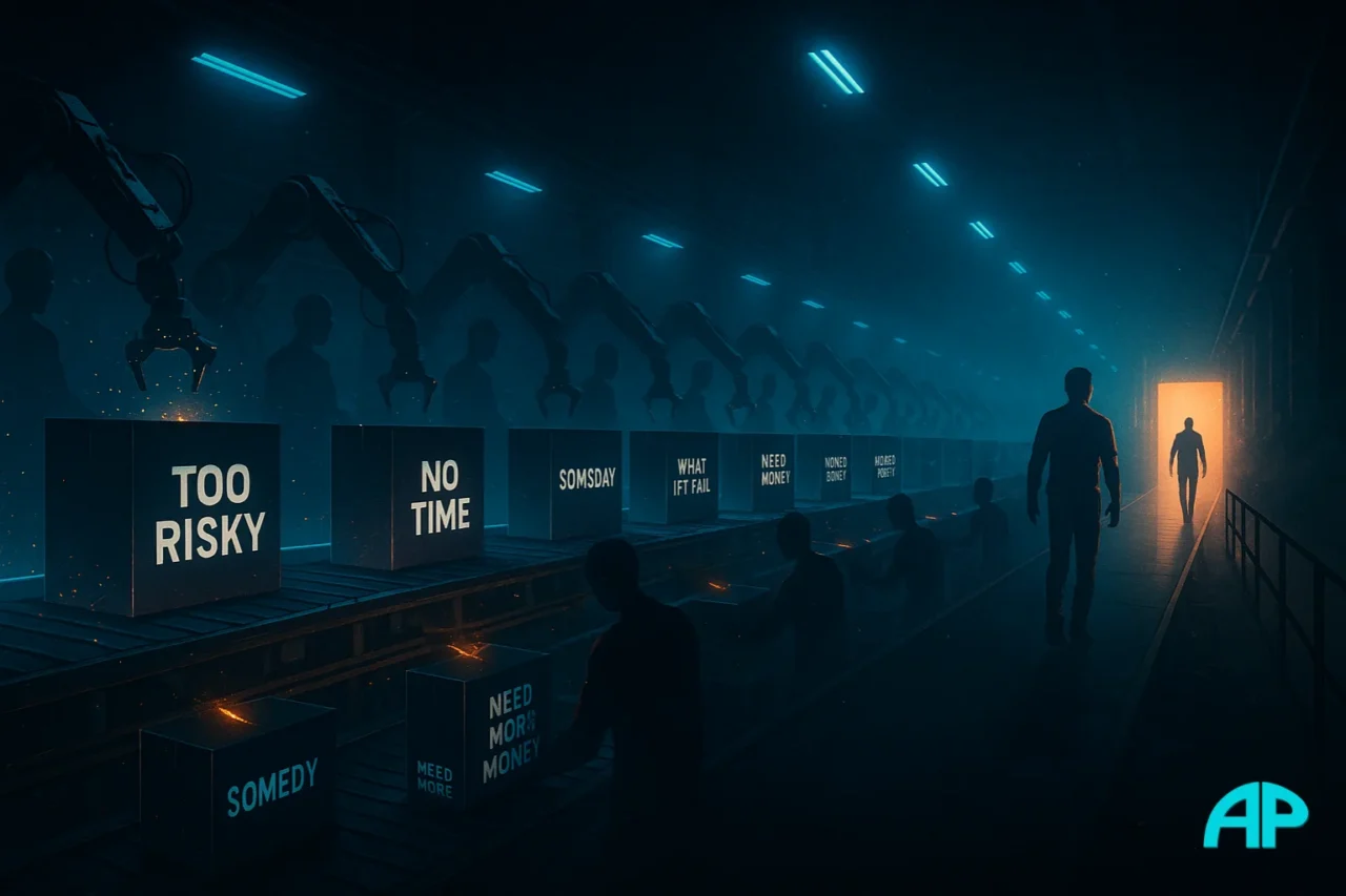 A futuristic digital artwork of a surreal factory where a conveyor belt produces glowing boxes labeled with excuses like “Too Risky” and “No Time,” as shadowy workers carry them into cubicles while one figure steps off toward a glowing turquoise-orange exit.