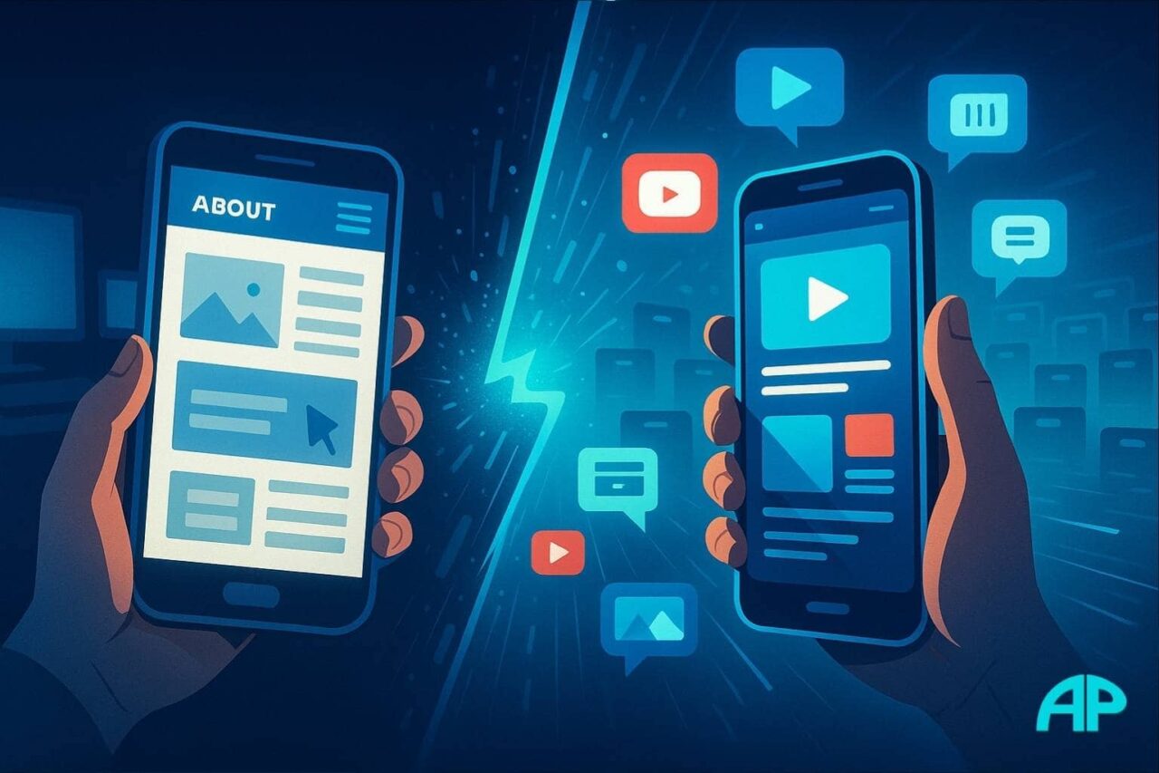 Illustration showing the history of the internet shifting to mobile-first and video-driven content, with smartphones, responsive websites, and streaming videos.