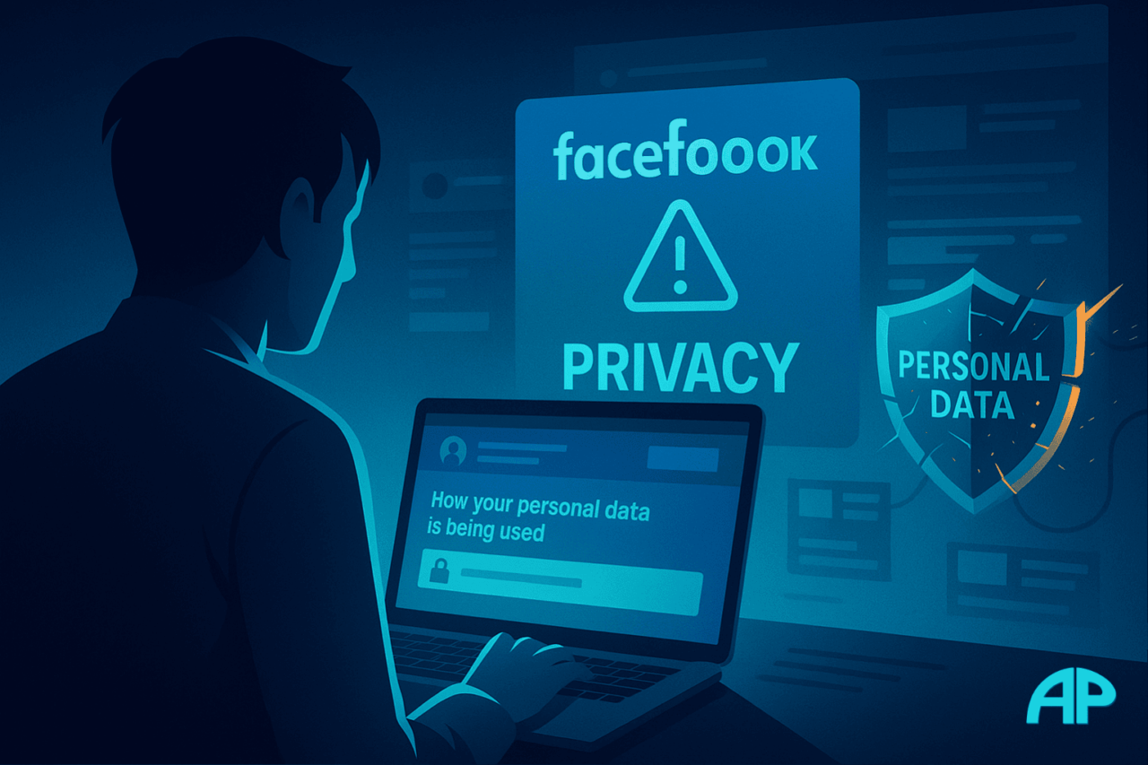 A cyberpunk-inspired digital illustration showing the history of the internet’s trust crisis, with a user surrounded by holographic data streams, corporate logos, and privacy warning icons glowing in neon blue and cyan, symbolising growing public awareness of online surveillance.