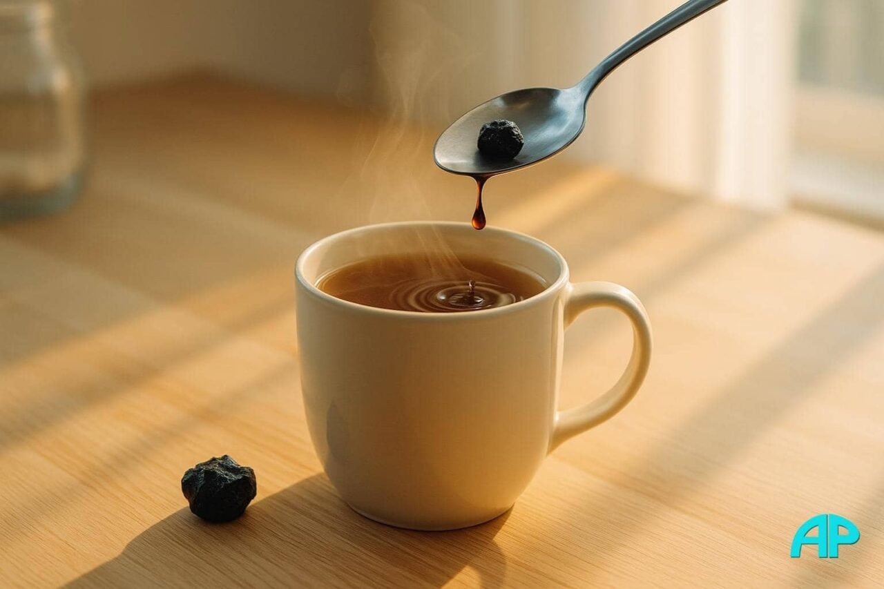  A spoon holding Shilajit resin above a steaming mug of herbal tea, with a droplet about to fall, creating ripples on the tea’s surface in warm morning sunlight.