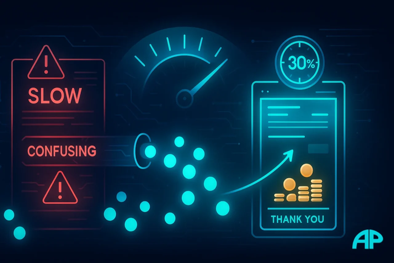 Futuristic digital illustration of a landing page comparison, showing a slow, confusing page losing traffic versus a sleek, optimized page converting visitors into results with a 30% success rate.