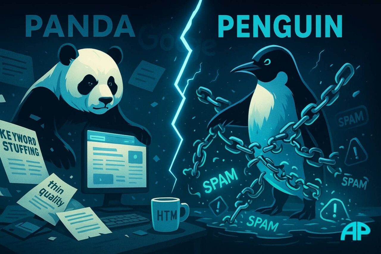 The history of the internet reshaped by Google’s Panda and Penguin updates targeting poor content and spammy backlinks.
