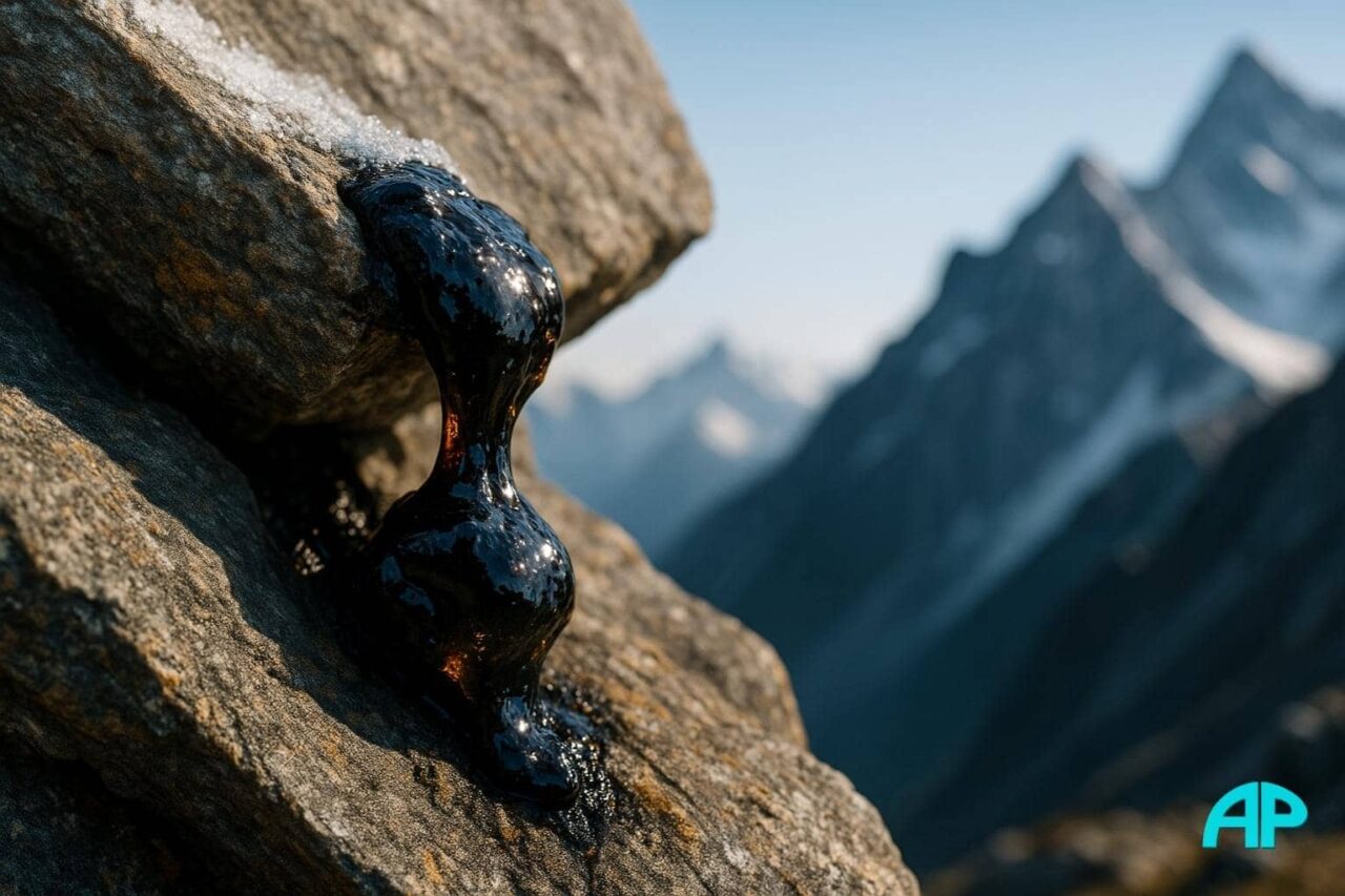 Close-up of dark Shilajit resin oozing from a frosty mountain rock crevice, with amber highlights under natural light and blurred snow-capped peaks in the background.