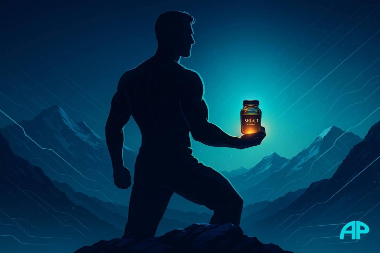 Silhouette of a muscular man on a mountain peak holding a glowing amber jar of Shilajit resin, set against deep navy and turquoise tones with futuristic grid lines.