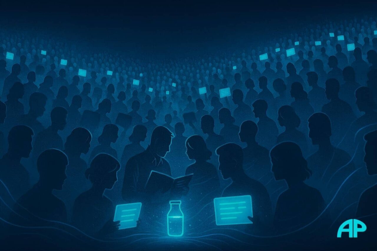 Digital illustration of a large crowd of silhouettes holding glowing turquoise testimonial cards, with a bright vial at the centre emitting light that connects the figures.