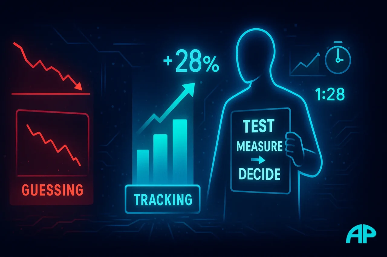 Futuristic illustration showing a glowing scientist figure comparing a flat red “Guessing” graph with a rising turquoise “Tracking” bar chart, holding a clipboard that reads “Test → Measure → Decide.”