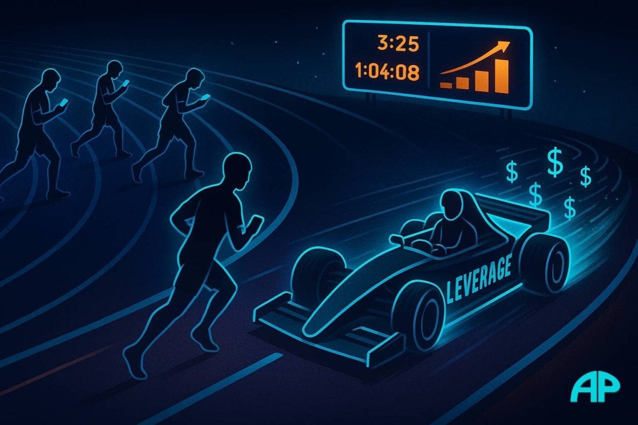 A digital illustration of a race track with barefoot runners on one lane using smartphones, and a glowing Formula 1 car labeled "Leverage" racing ahead on another, symbolizing the widening gap in the rise of AI agents.