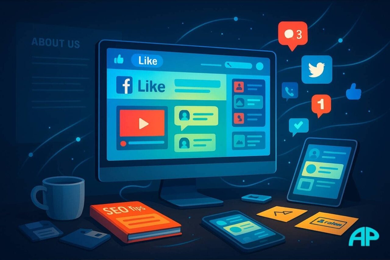 Modern web design evolution showing social media integration with share buttons, live feeds, and video players on sleek, responsive websites.