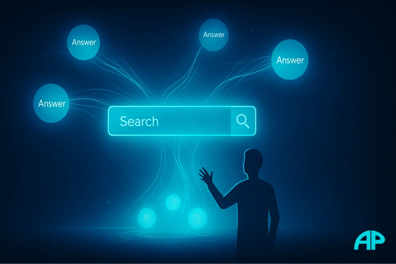 A futuristic holographic search interface glowing in turquoise, with orbs of knowledge connected by neon cyan streams as a silhouette reaches out.