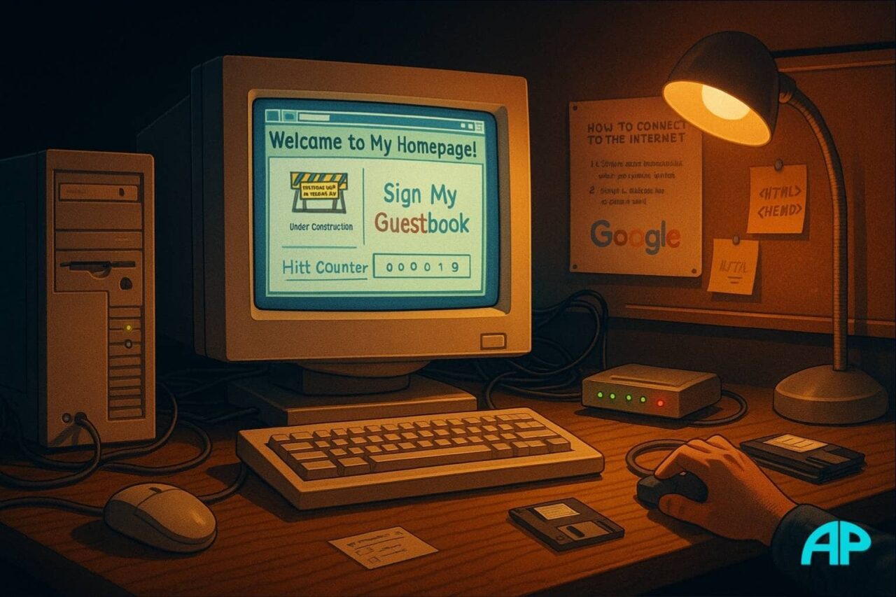 Late-1990s home office with a beige CRT monitor displaying a simple HTML homepage, a tower PC, floppy disks, a desk lamp, and a dial-up modem with blinking lights.