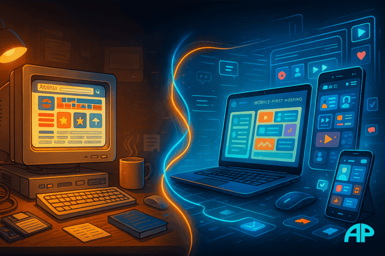 Split digital illustration showing the history of the internet, with a retro 1990s computer setup on one side and a modern, AI-powered, mobile-first workspace on the other.