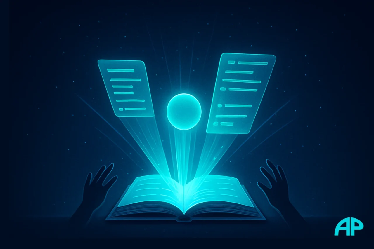 A glowing turquoise AI orb hovers above an open digital book, with holographic snippets and FAQs rising into the air, surrounded by reaching hands.