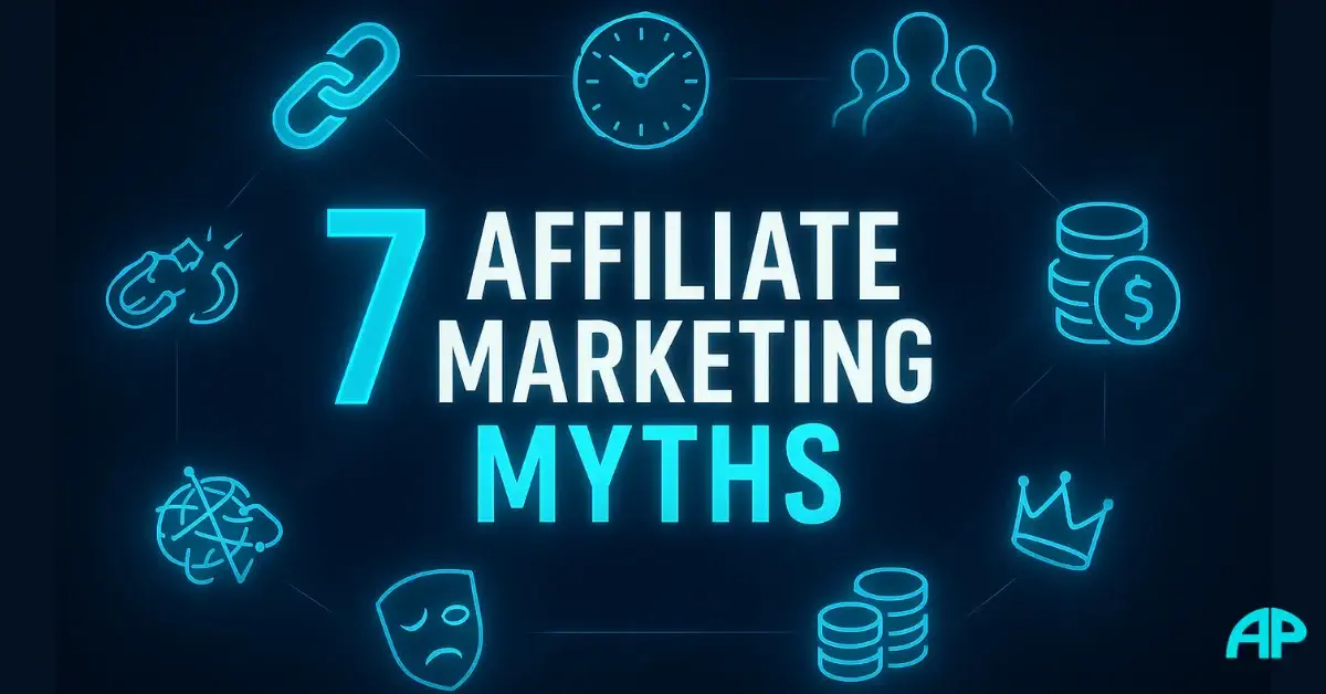 Futuristic digital design with bold title “7 Affiliate Marketing Myths” surrounded by glowing icons representing common affiliate marketing misconceptions.