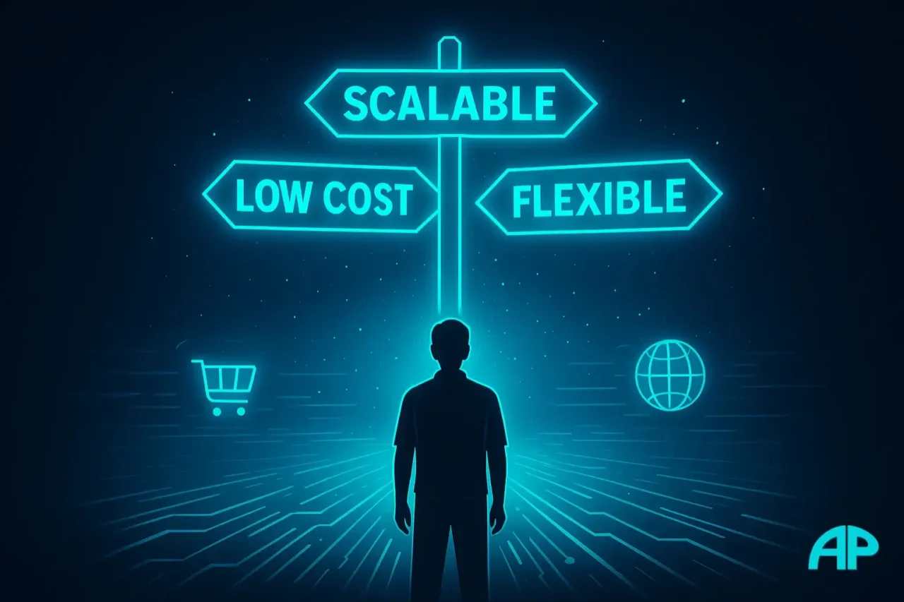 Beginner figure at a glowing digital crossroads with signs labeled Low Cost, Scalable, and Flexible, symbolizing affiliate marketing for beginners.