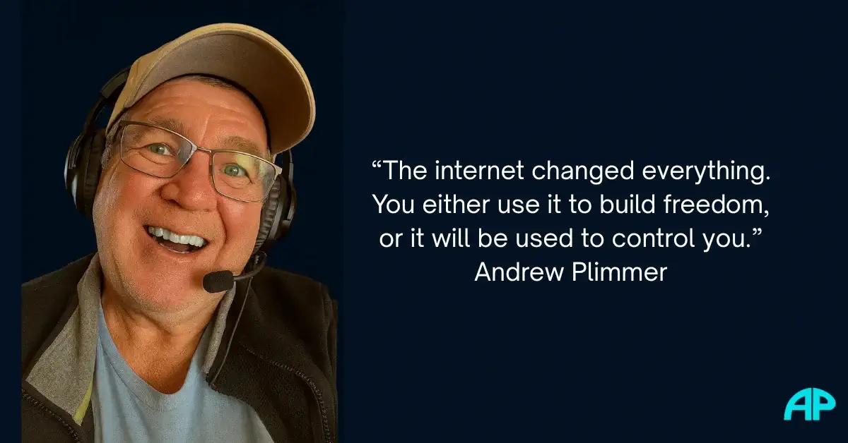 Andrew Plimmer smiling with headset, alongside his quote about the internet and freedom.