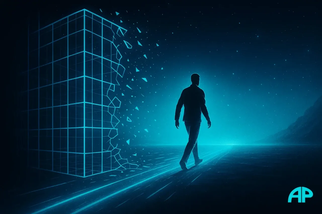A human figure steps out of a shattered glowing blue grid cage into a turquoise star-filled landscape, symbolizing Spiritually Awake True Freedom.