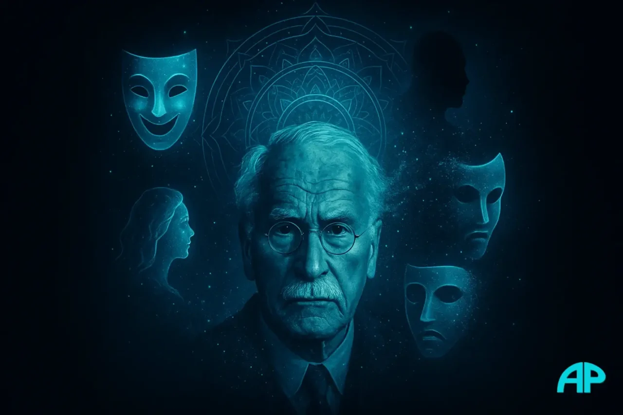 Surreal portrait of Carl Jung dissolving into glowing turquoise archetypes with a cosmic mandala behind him, symbolizing individuation.
