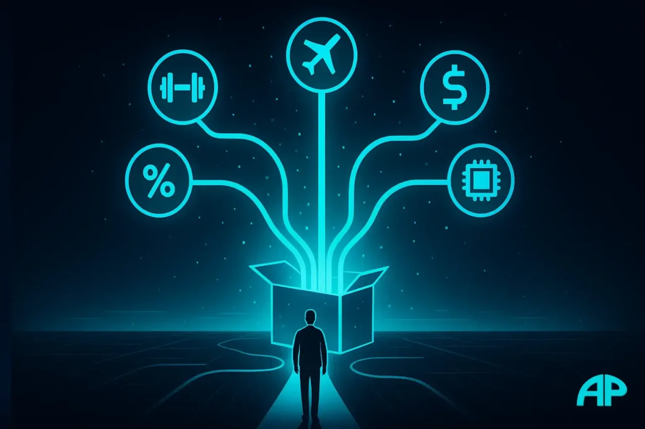 A person stands before a glowing digital tree branching into icons for fitness, travel, finance, and technology, symbolizing how beginners choose the right niche in affiliate marketing.