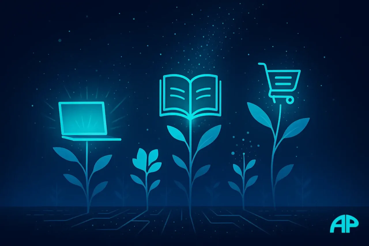 A digital garden with glowing turquoise and cyan plants sprouting laptops, books, and shopping carts, radiating neon light particles upward.