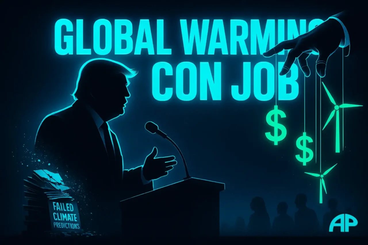 Silhouette of Donald Trump at a podium with glowing turquoise text “Global Warming Con Job,” failed climate predictions collapsing on one side, and puppet strings controlling dollar signs and wind turbines on the other.