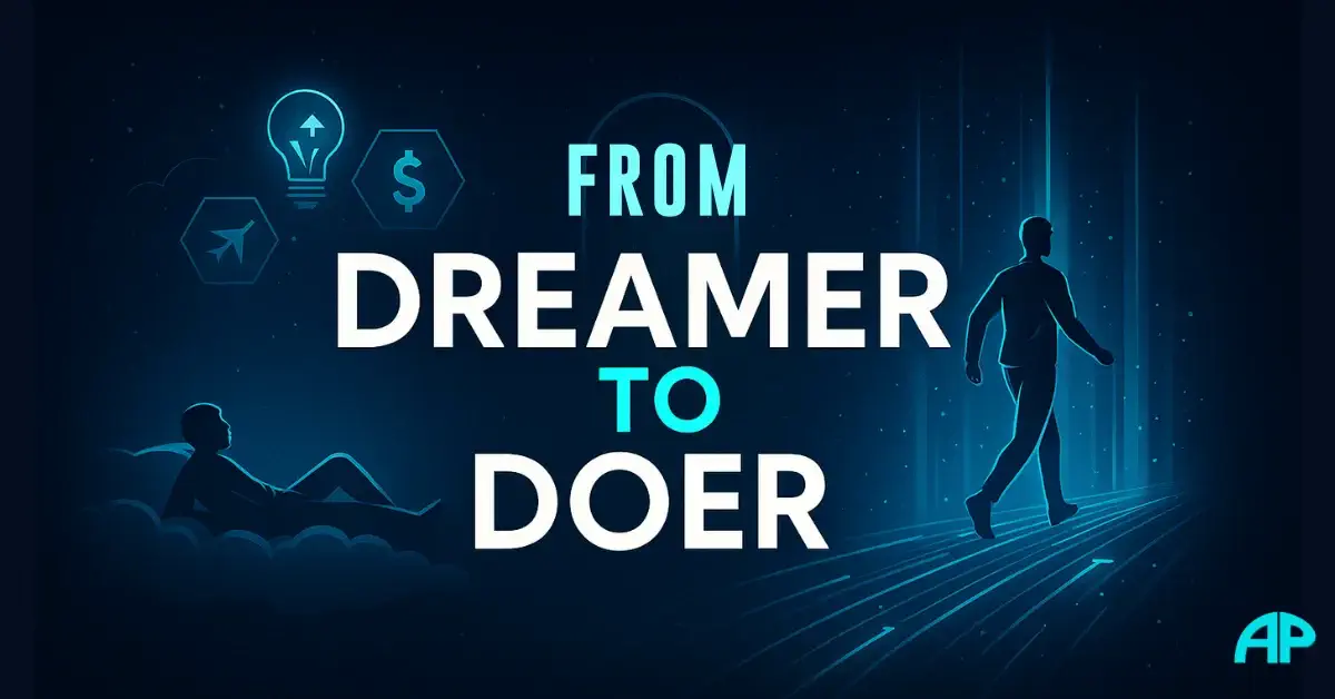 Digital illustration showing the journey from dreamer to doer, symbolizing the daily habits of winners that create transformation and success.