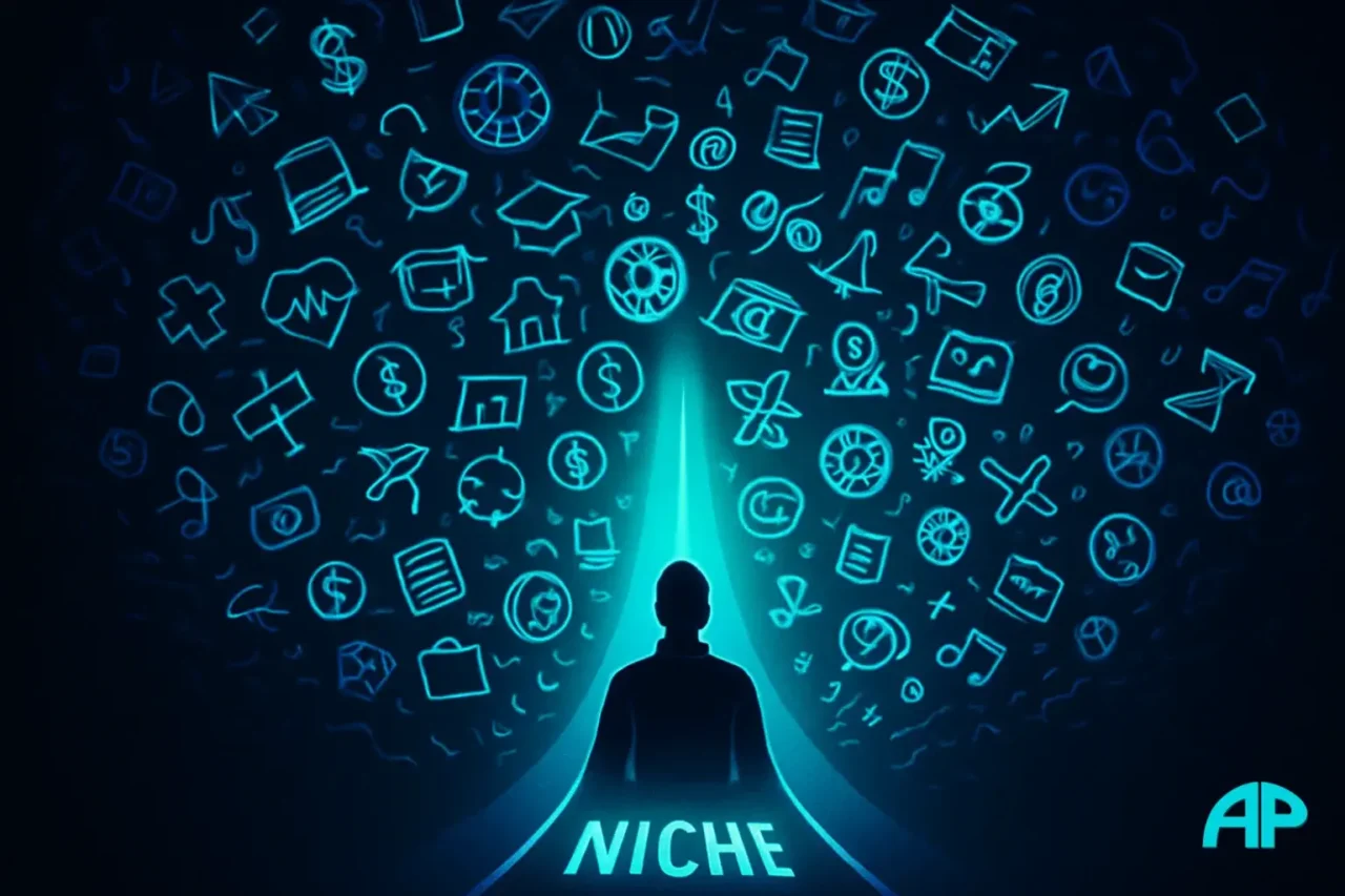 A beginner figure stands under a turquoise spotlight on a glowing path labeled “Niche,” while hundreds of neon blue icons for health, finance, tech, and hobbies swirl chaotically around them.