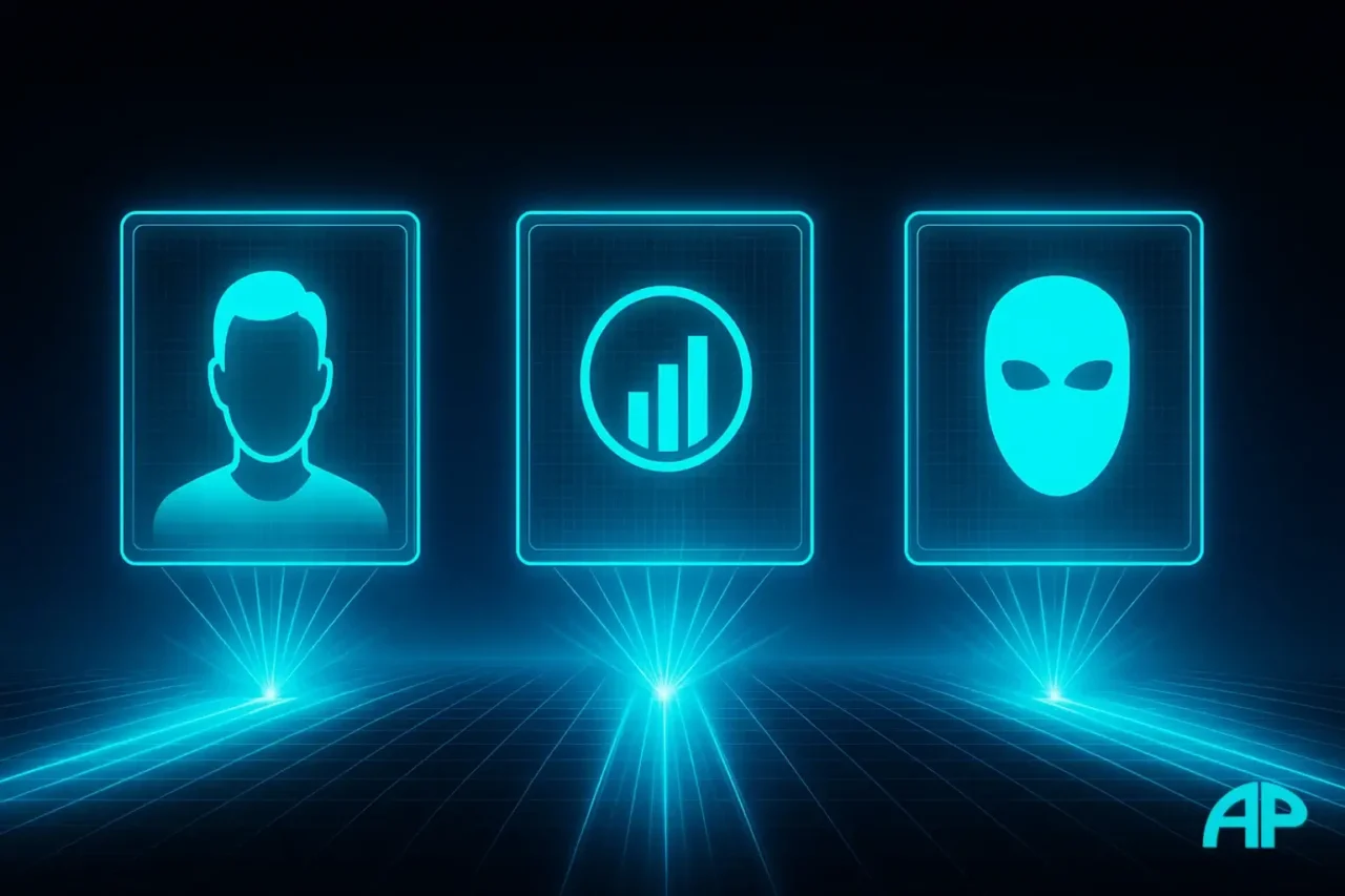 Three glowing holographic panels display a personal brand silhouette, a business brand logo, and a faceless mask, symbolizing freedom business branding choices.